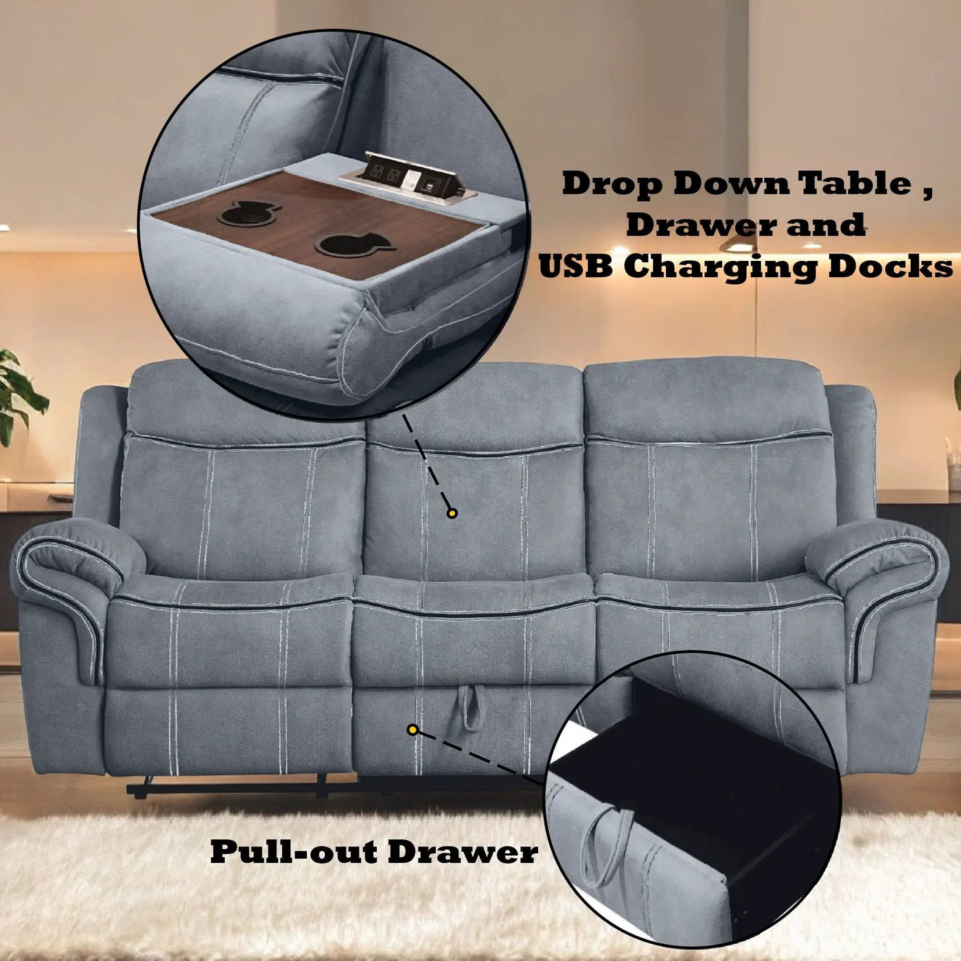 Zubaida - Two Tone Recliner Sofa With USB Port Drop Down Table by Unique Piece Furniture