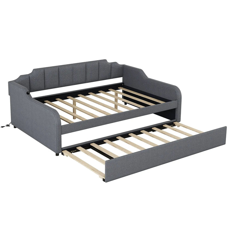 Full Size Upholstered Daybed With Trundle And USB Charging - Gray by Unique Piece Furniture