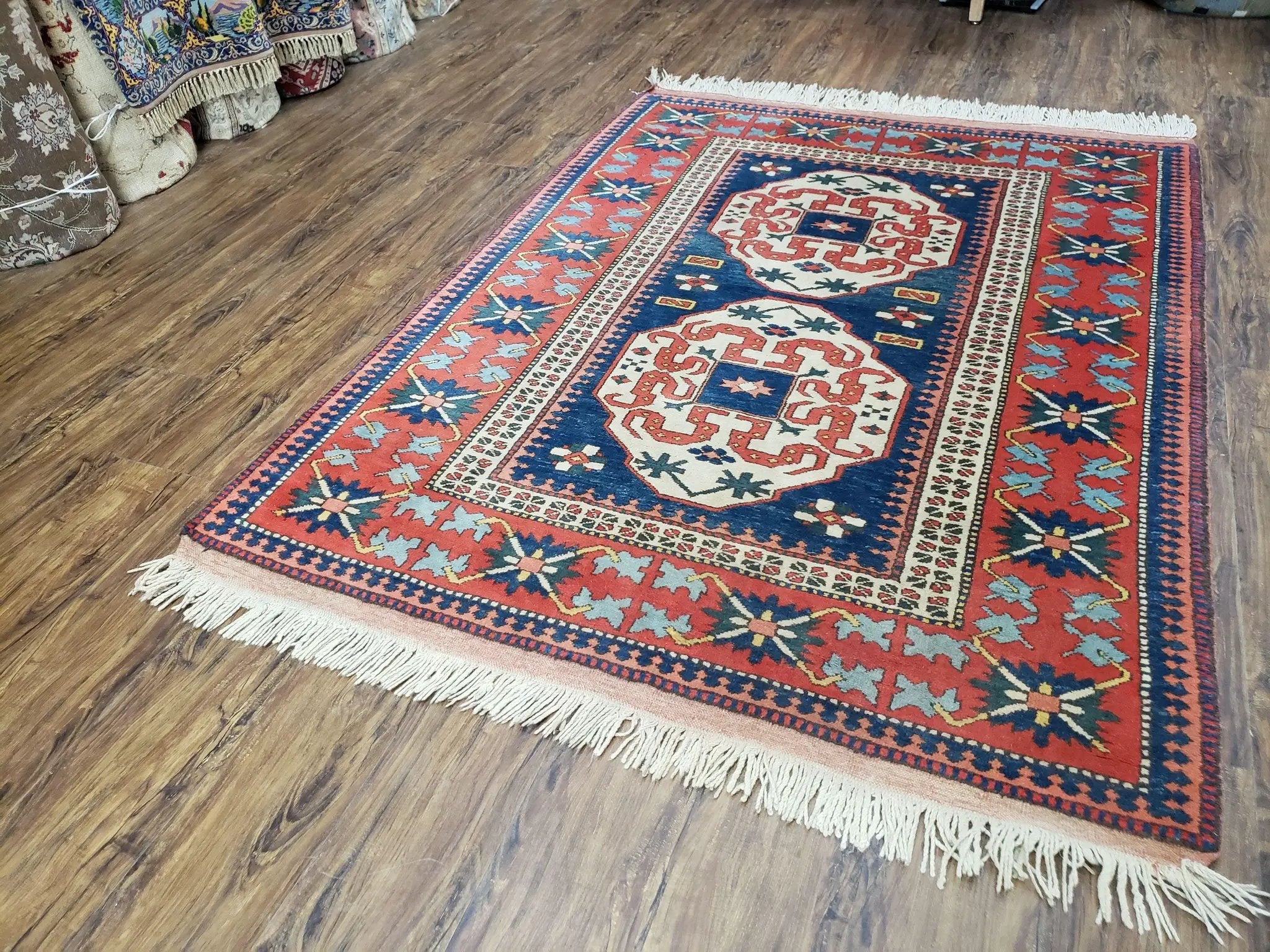 Turkish Kazak Rug 5x6 Vintage Handmade Wool Carpet Geometric Blue Red by Jewel Rugs
