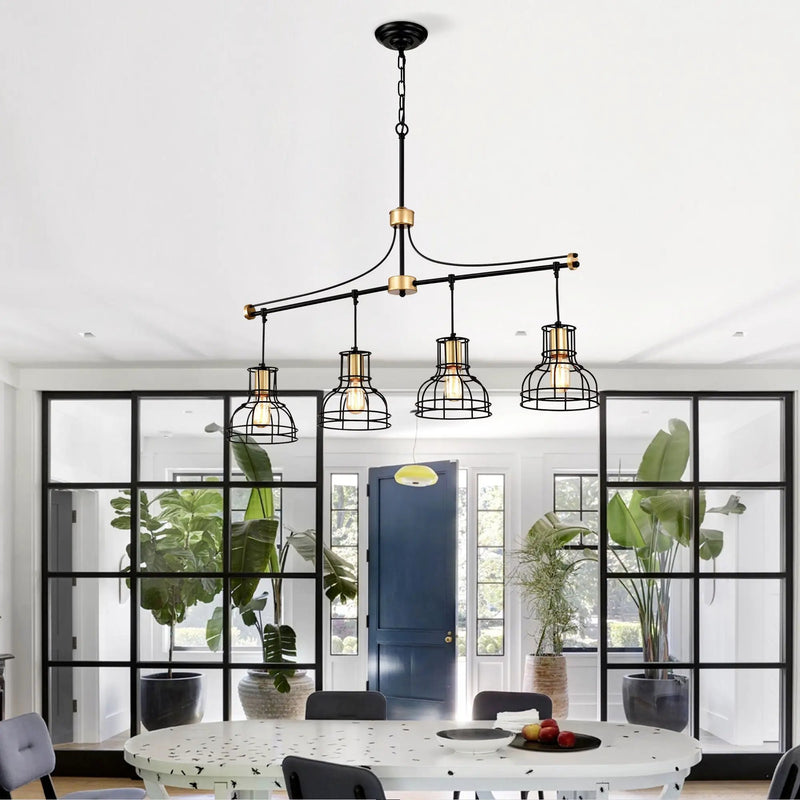 Dining Room Light Fixture / Chandelier Table, 40 -" Hanging For Farmhouse Linear Chandeliers, 5 Light Kitchen Island Lighting Ceiling Chandelier, With Metal Lampshade - Gold / Matte Black by HouseOfZazla