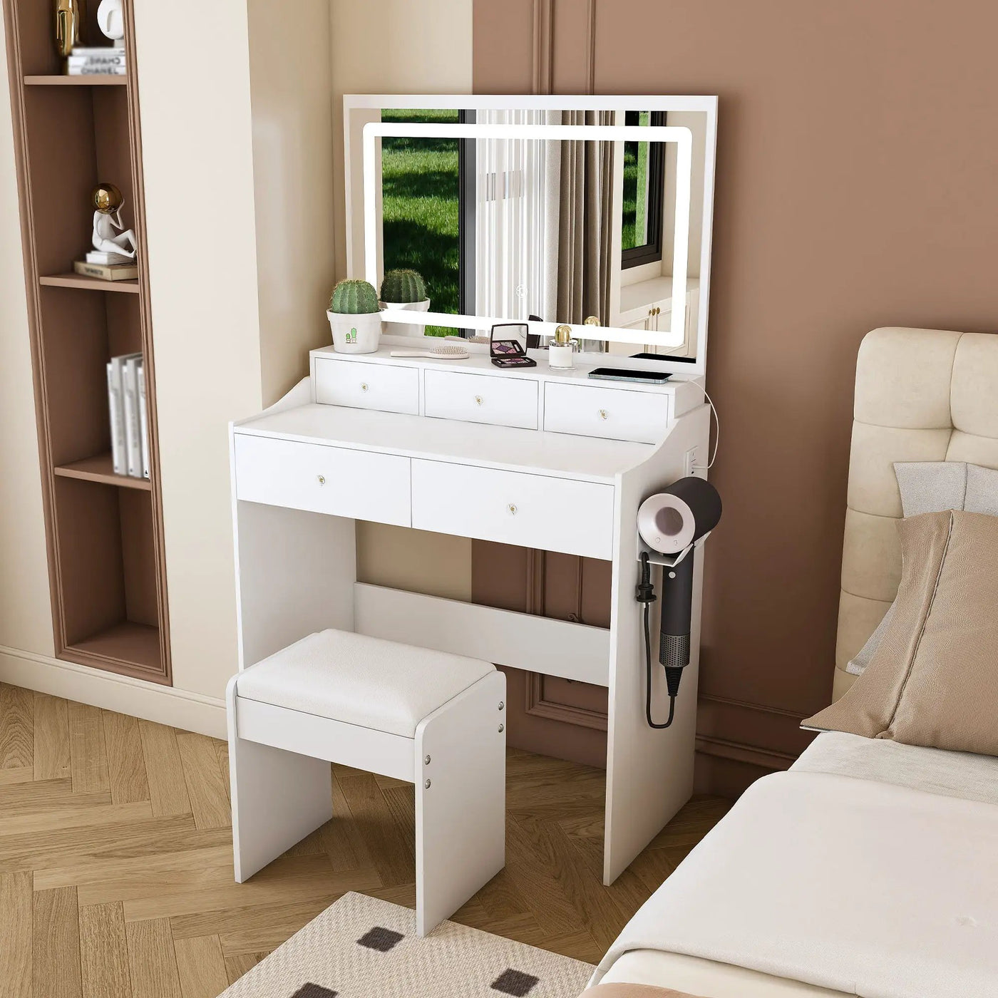 Modern Makeup Vanity Set With Power Outlet, Hair Dryer Holder, And Adjustable Lighting by Unique Piece Furniture