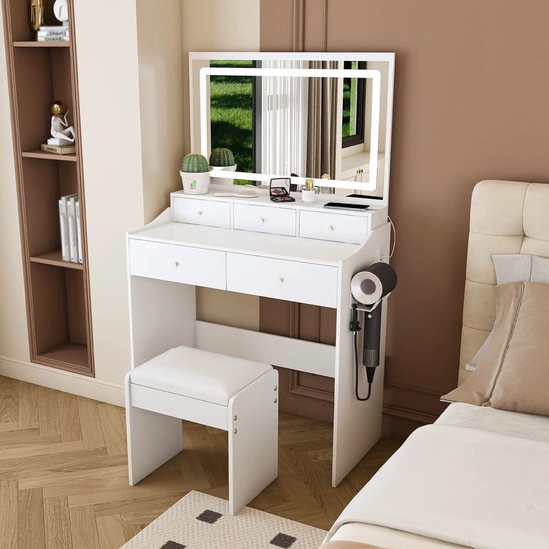 Modern Makeup Vanity Set With Power Outlet, Hair Dryer Holder, And Adjustable Lighting by Unique Piece Furniture