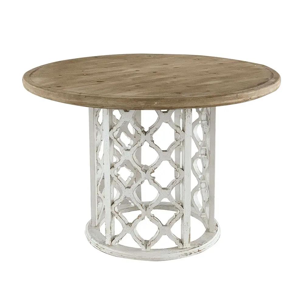 Round Wooden Dining Table With Ornate Cut Out Base - Brown / Antique White by HouseOfZazla