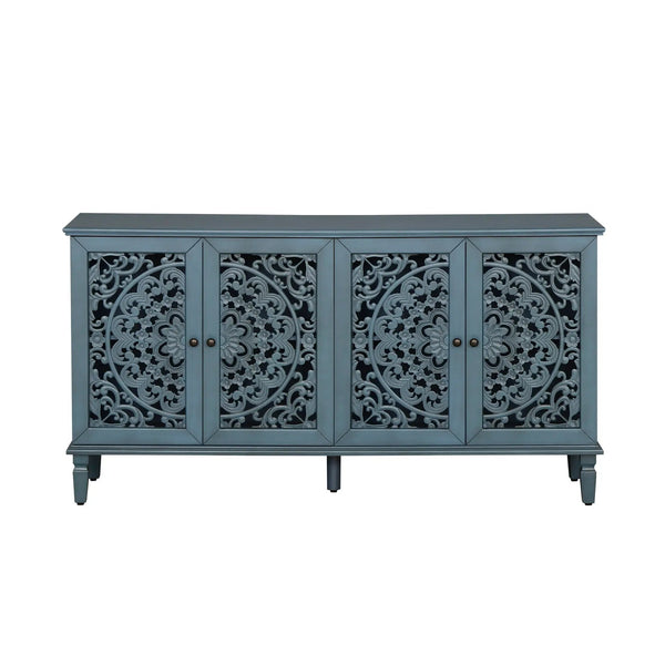 60" Antique Buffet Cabinet with Floral Carvings and Adjustable Shelves
