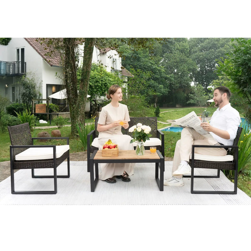4 Piece Patio Furniture Set With Acacia Wood Table Top And Cushions by HouseOfZazla