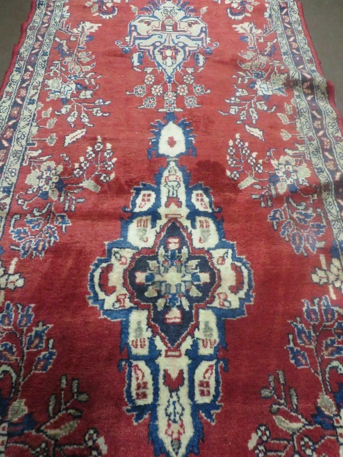 Persian Runner Rug 3 x 12, Antique Wool Oriental Runner, Floral Vases, Red & Navy Blue by Jewel Rugs
