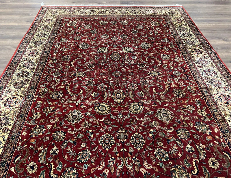 Vintage Indo Persian Rug 6x9, Very Finely Hand-Knotted Carpet 6 x 9 Red Cream Indian Oriental Carpet, Traditional Floral Wool Area Rug 1970s by Jewel Rugs