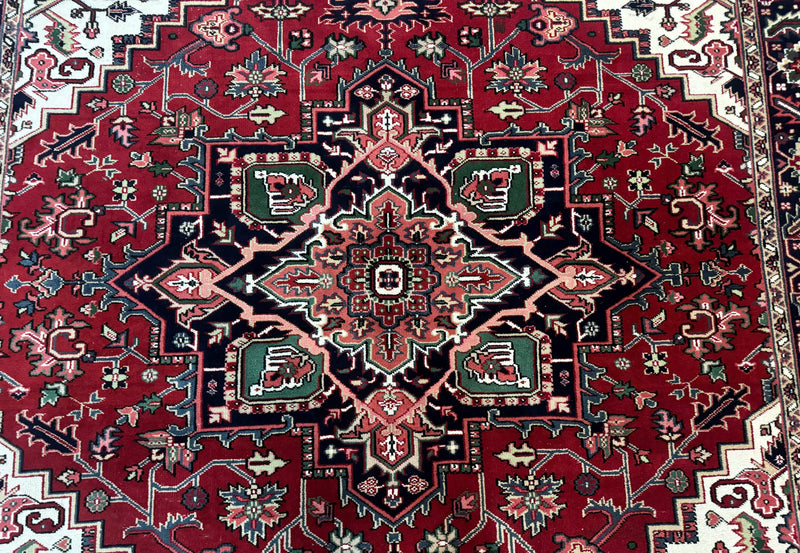 Indo Persian Heriz Rug 8x10, Geometric Medallion, Brick Red Ivory Navy Blue, Room Sized Heriz Carpet, Wool Rug by Jewel Rugs