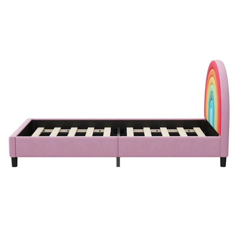 Rainbow Design Upholstered Twin Platform Bed Cute Style Princess Bed For Boys & Girls, Teens - Colorful / Pink by HouseOfZazla