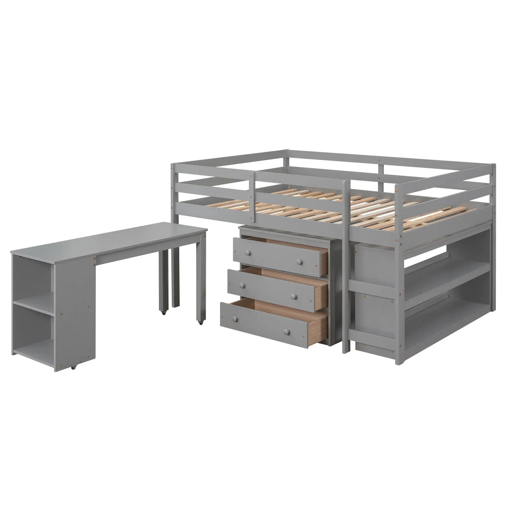 Loft Low Study Bed With Cabinet, Shelves And Rolling Portable Desk, Multiple Functions by Unique Piece Furniture