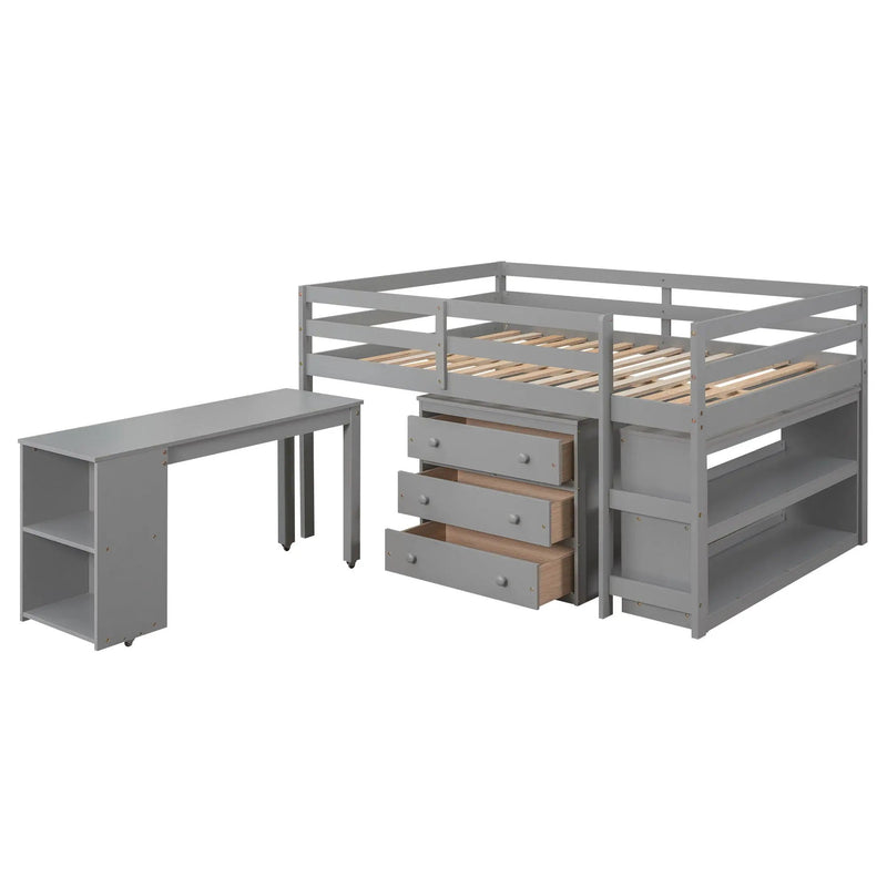 Loft Low Study Bed With Cabinet, Shelves And Rolling Portable Desk, Multiple Functions by Unique Piece Furniture