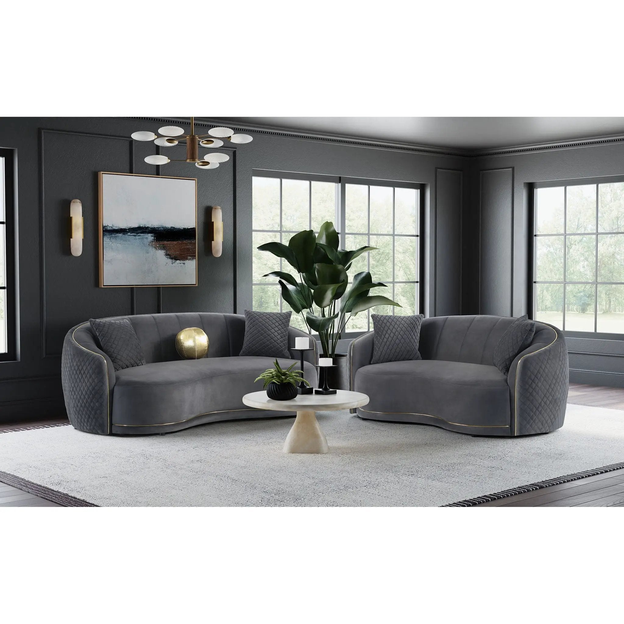 Lorraine - 2 Piece Upholstered Sofa Set With Tufting Trim - Dark Gray by HouseOfZazla