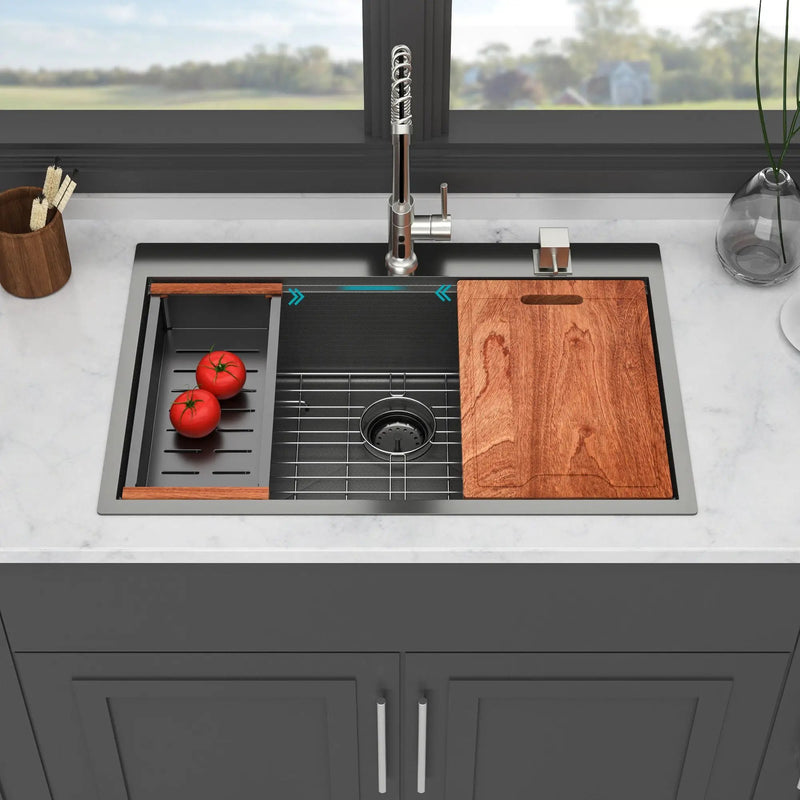 33" Drop In Kitchen Sink With Ledge Workstation, 16 Gauge Stainless Steel - Gunmetal Black by HouseOfZazla