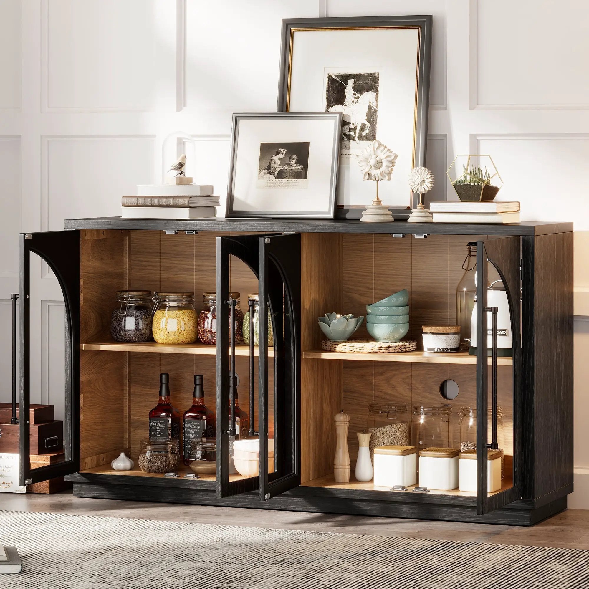 4-Door Large Storage Sideboard Buffet Cabinet with Glass Doors Arched Cabinet (Black) by HouseOfZazla