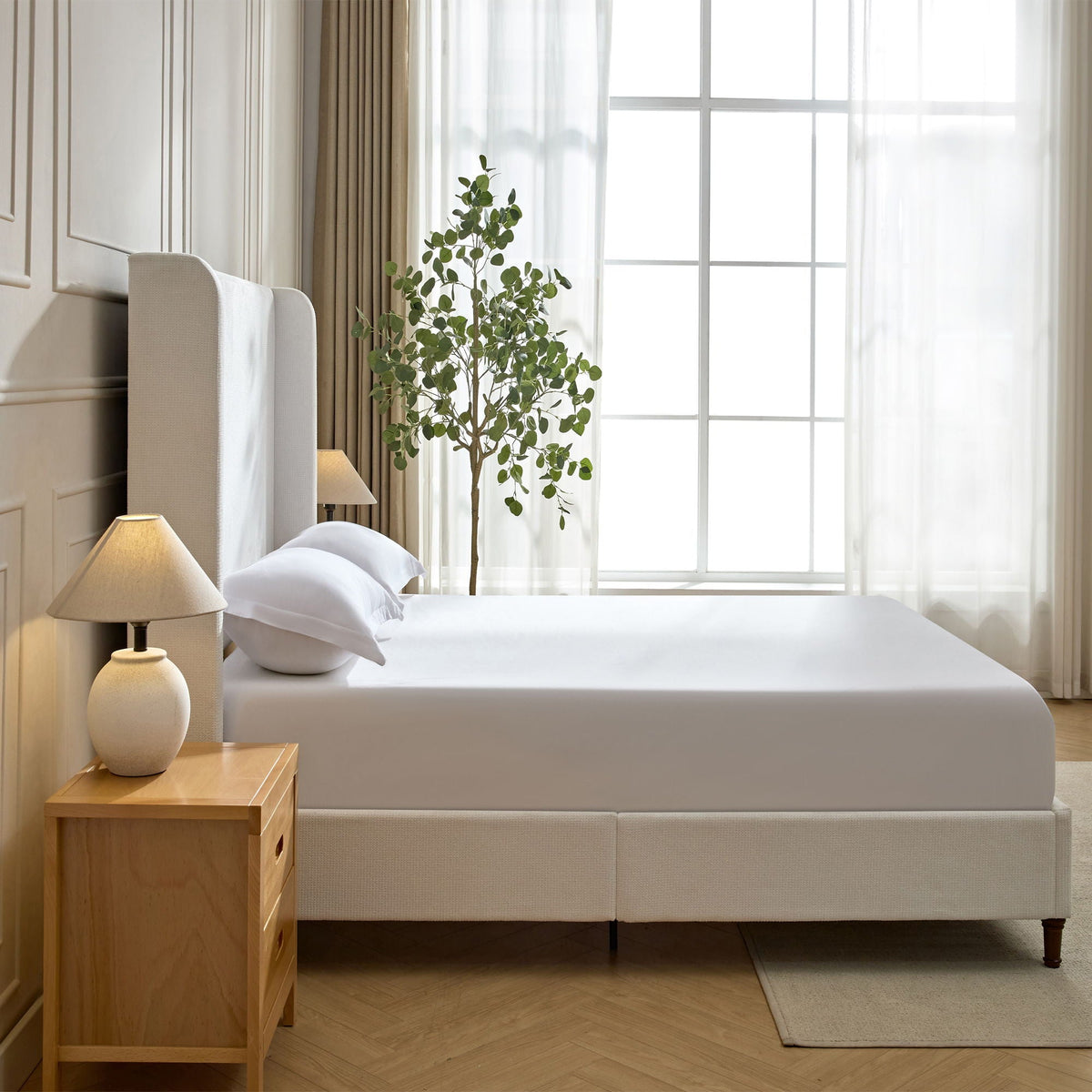 Tall Headboard Upholstered Bed with No Box Spring Needed - Cream, photo 33 of 40