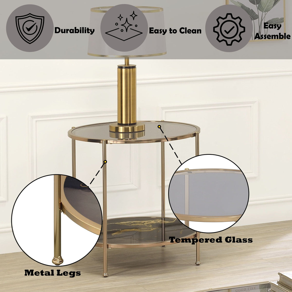 Fiorella Marble Print Glass Table with Durable Metal Frame - Black, photo 6 of 8