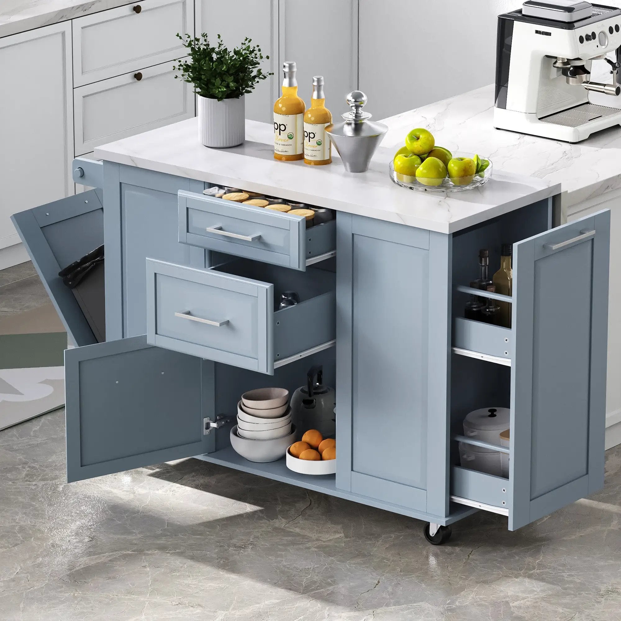 K&K Kitchen Island with Storage Tilt Trash Can Cabinet by HouseOfZazla