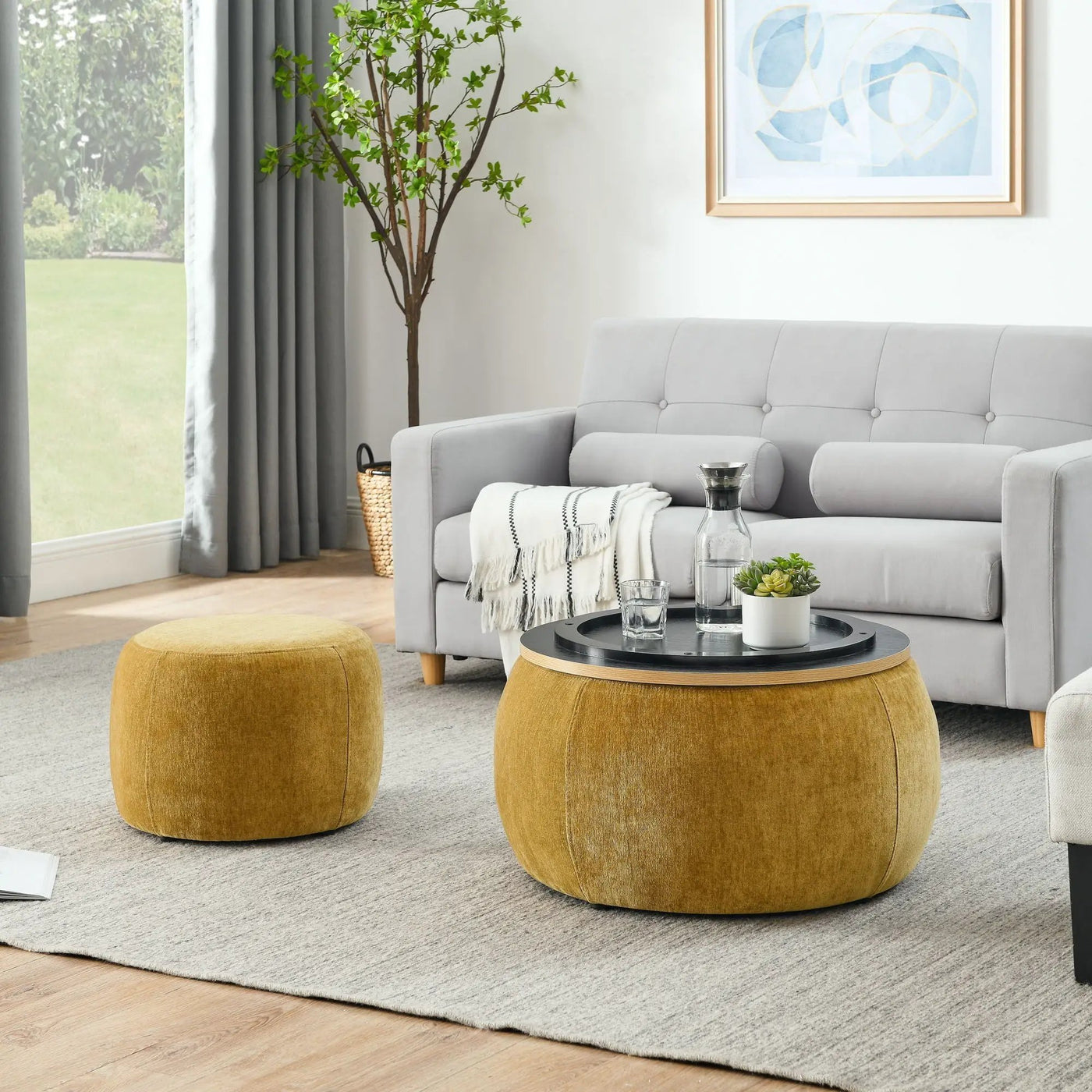 Round Storage Ottoman, 2 In 1 Function, End Table And Ottoman by HouseOfZazla