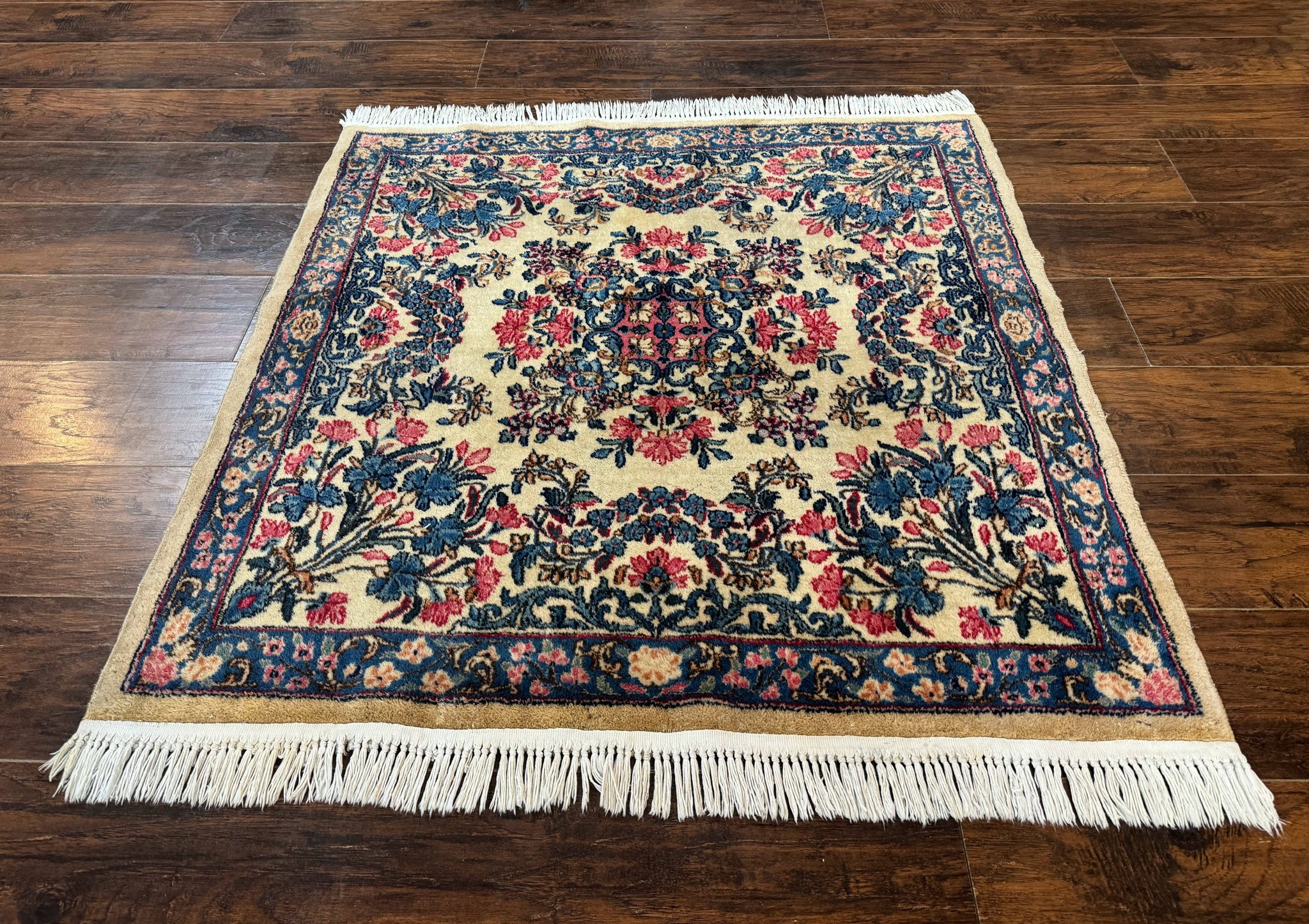 Square Persian Kerman Rug 4x4, Ivory Blue Pink, Handmade, Fine 225 KPSI by Jewel Rugs
