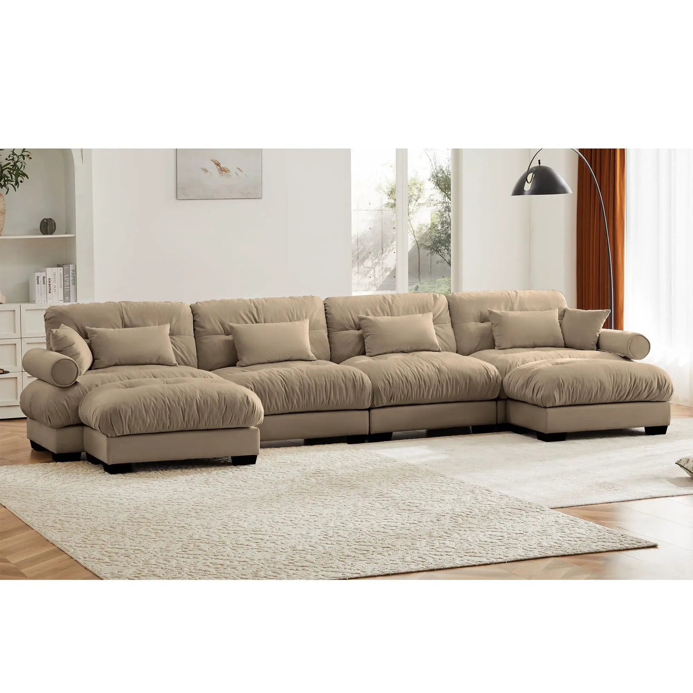 Modern Sectional Sofa With Ottoman, Round Bolster Armrests, Waist And Throw Pillows by HouseOfZazla