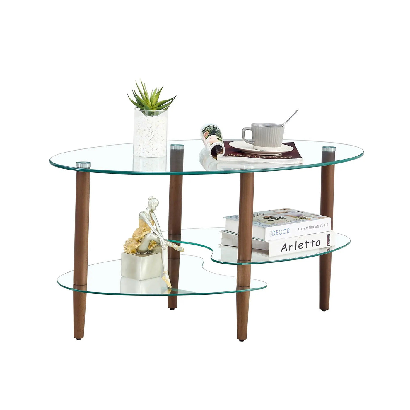 Transparent Oval Glass Coffee Table, Modern Table In Living Room Oak Wood Leg Tea Table 3-Layer Glass Table by HouseOfZazla