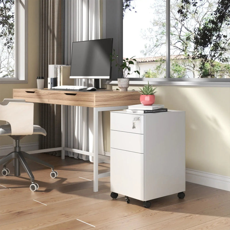 3-Drawer Mobile File Cabinet With Lock, On Wheels, Two Shallow & One Deep Drawer For Office/Home, Fully Assembled - White by Unique Piece Furniture