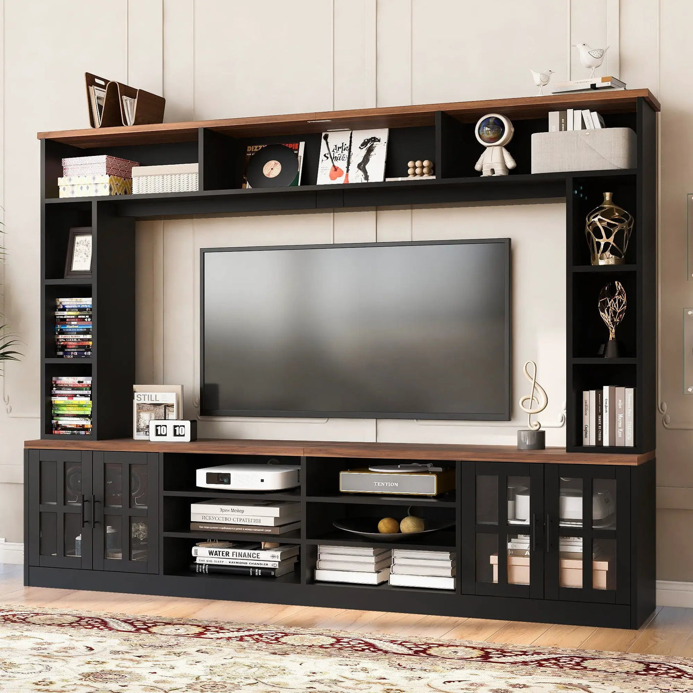 Wall Unit Entertainment Center With Bookshelves For TVs Up To 80", Tempered Glass Doors And Adjustable Shelves by Unique Piece Furniture