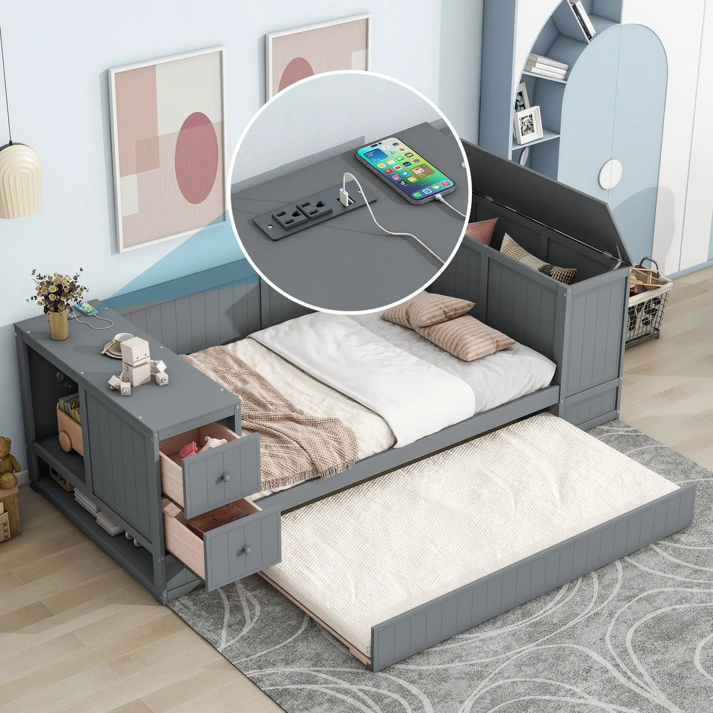 Daybed With Storage Arms, Trundle And Charging Station by HouseOfZazla