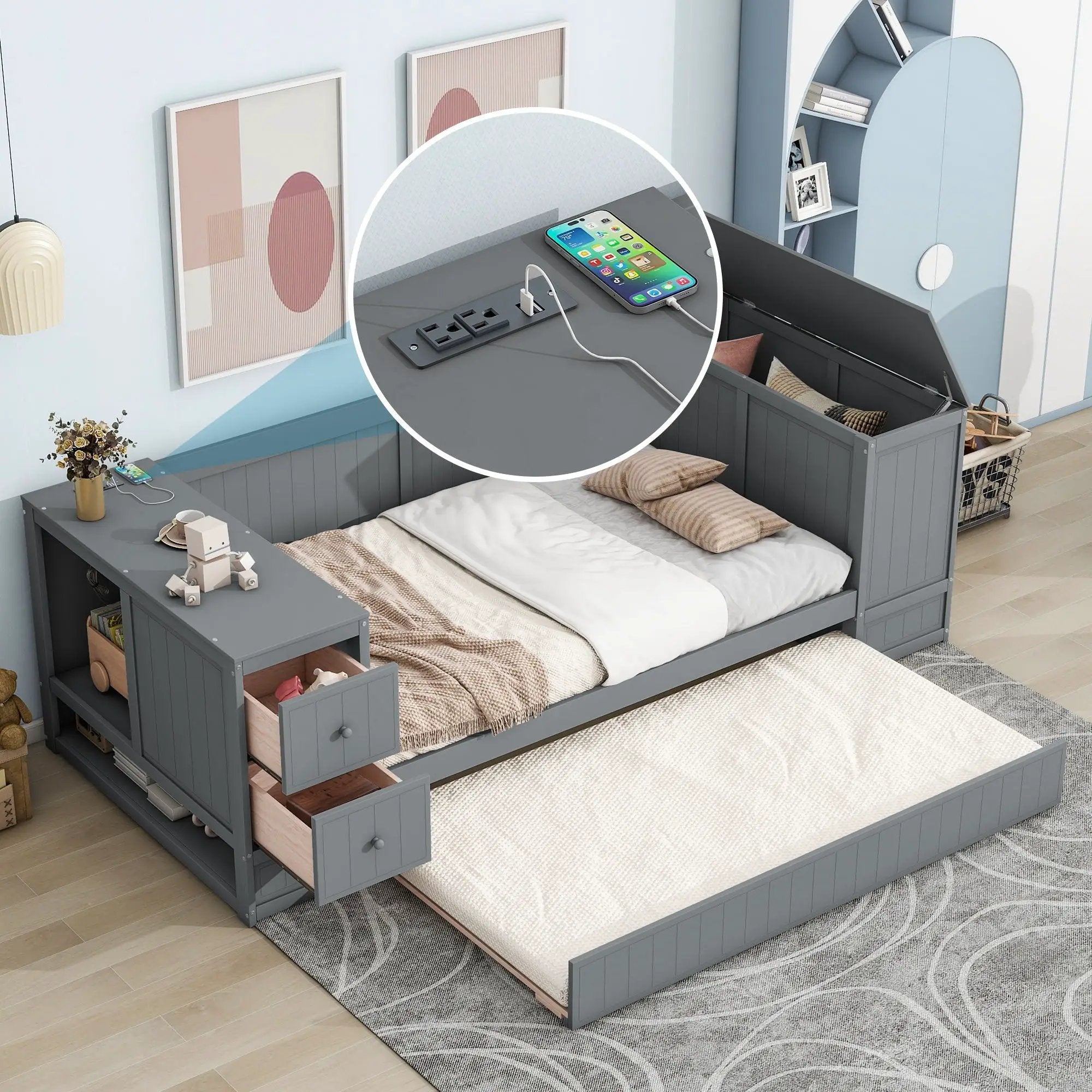 Daybed With Storage Arms, Trundle And Charging Station