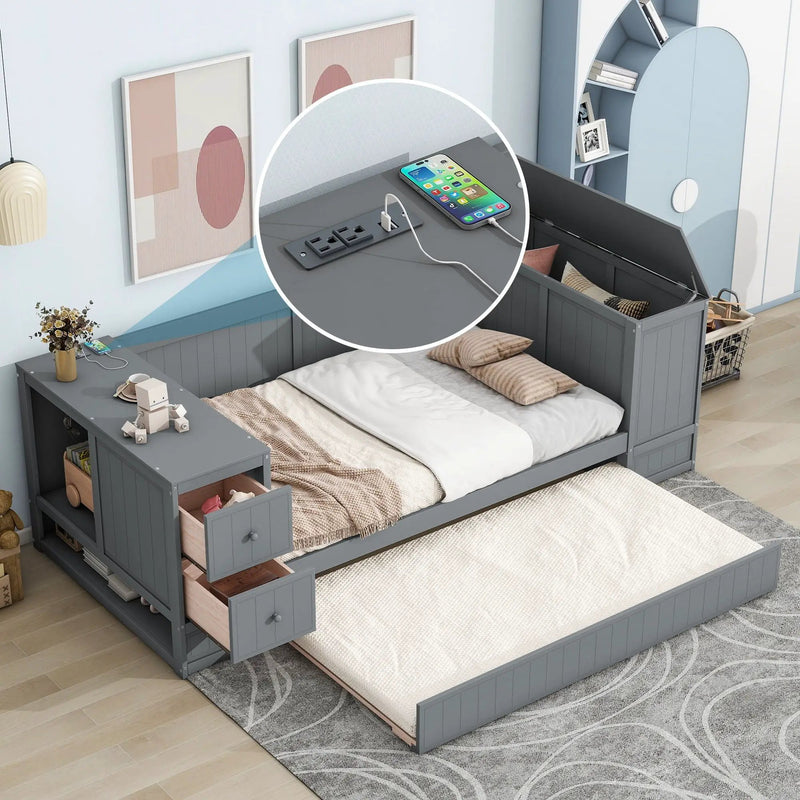 Daybed With Storage Arms, Trundle And Charging Station