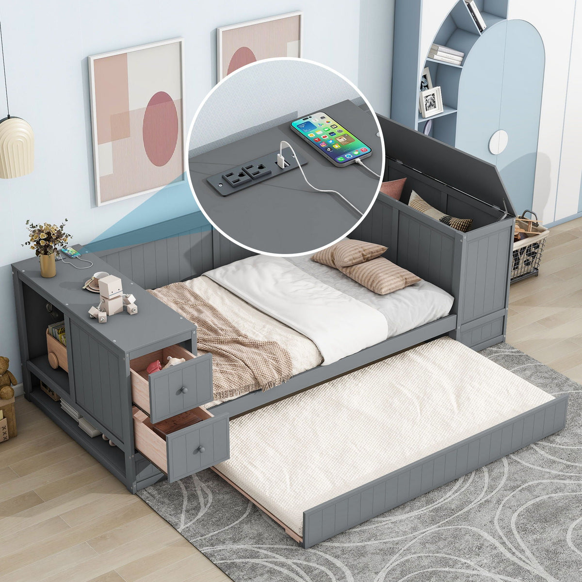 Daybed With Storage Arms and Charging Station - Twin Trundle Bed, photo 23 of 39