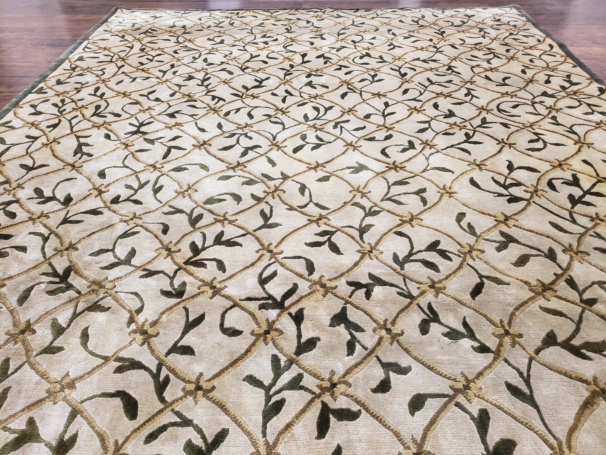 Vintage Tibetan Nepalese Area Rug 9x12, Wool Hand-Knotted, Beige Nepali Soft Pile Carpet, 9 x 12 Living Room Modern Dining Room Rug by Jewel Rugs