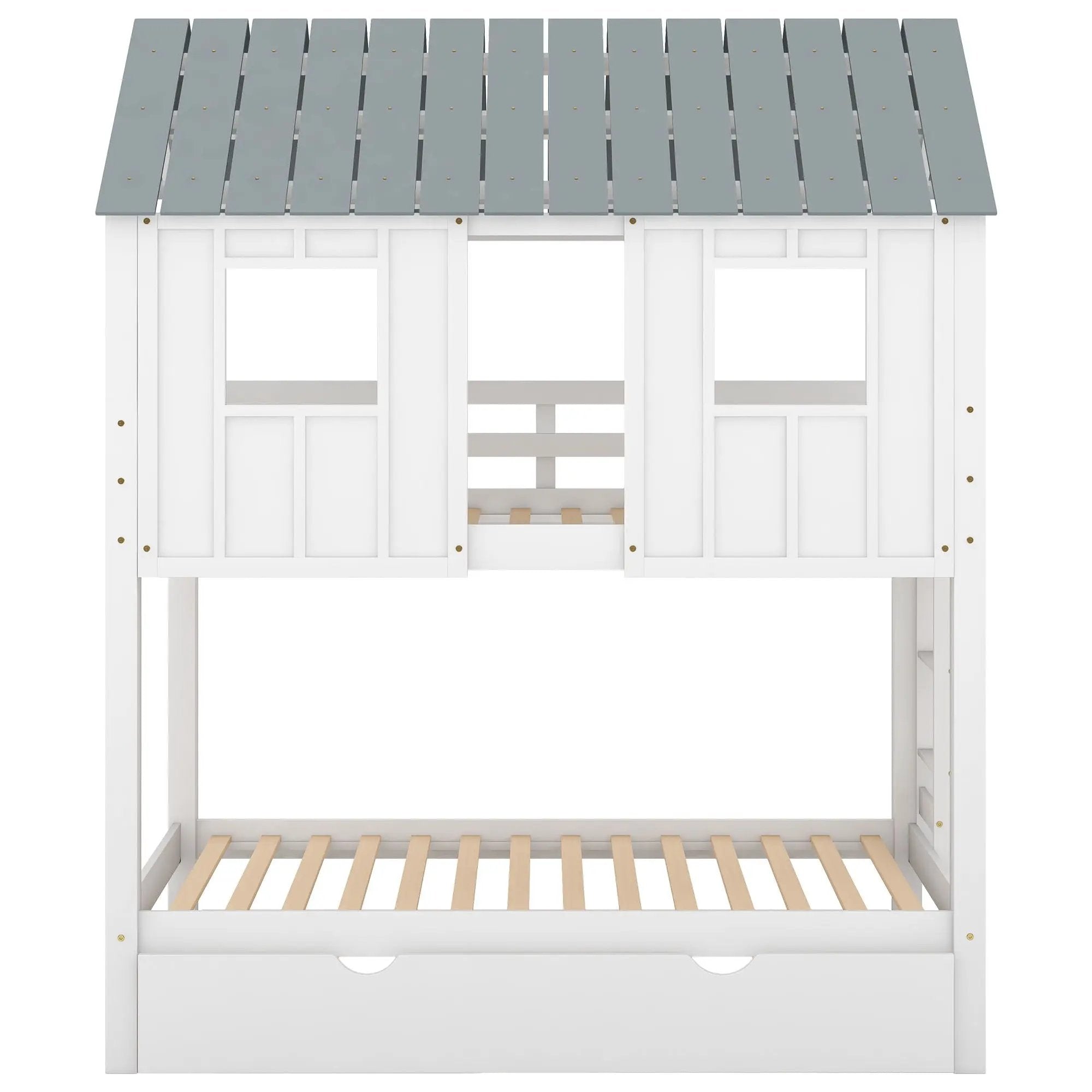 Twin Size House Bunk Bed With Trundle, Roof And Windows - White / Gray by HouseOfZazla