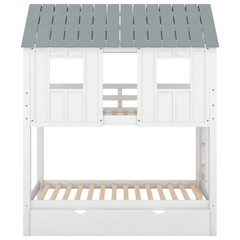 Twin Size House Bunk Bed With Trundle, Roof And Windows - White / Gray by HouseOfZazla