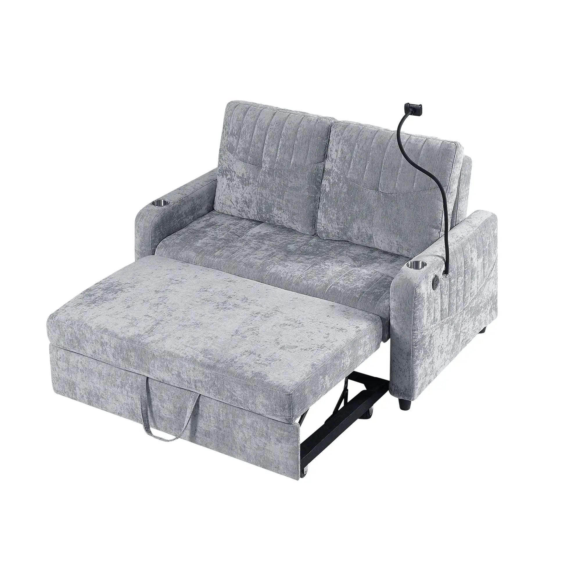Modern Loveseat Pull Out Sofa Bed With Adjustable Backrest, Two Cup Holders, A Phone Holder, Three Charging Ports And Side Storage Pockets For Living Room by HouseOfZazla