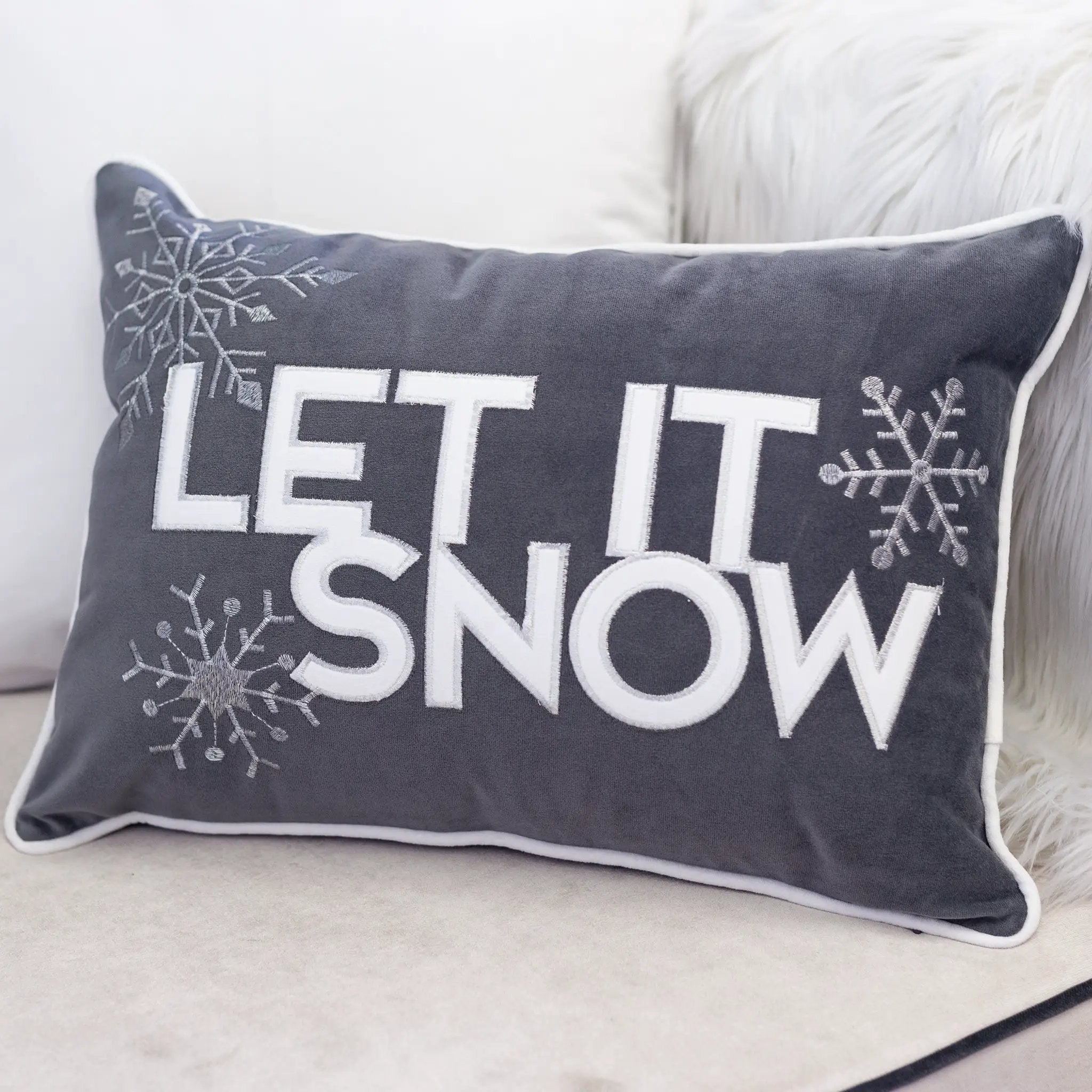 Nneka Let It Snow Gray Velvet Lumbar Pillow with Insert 14x20 by HouseOfZazla