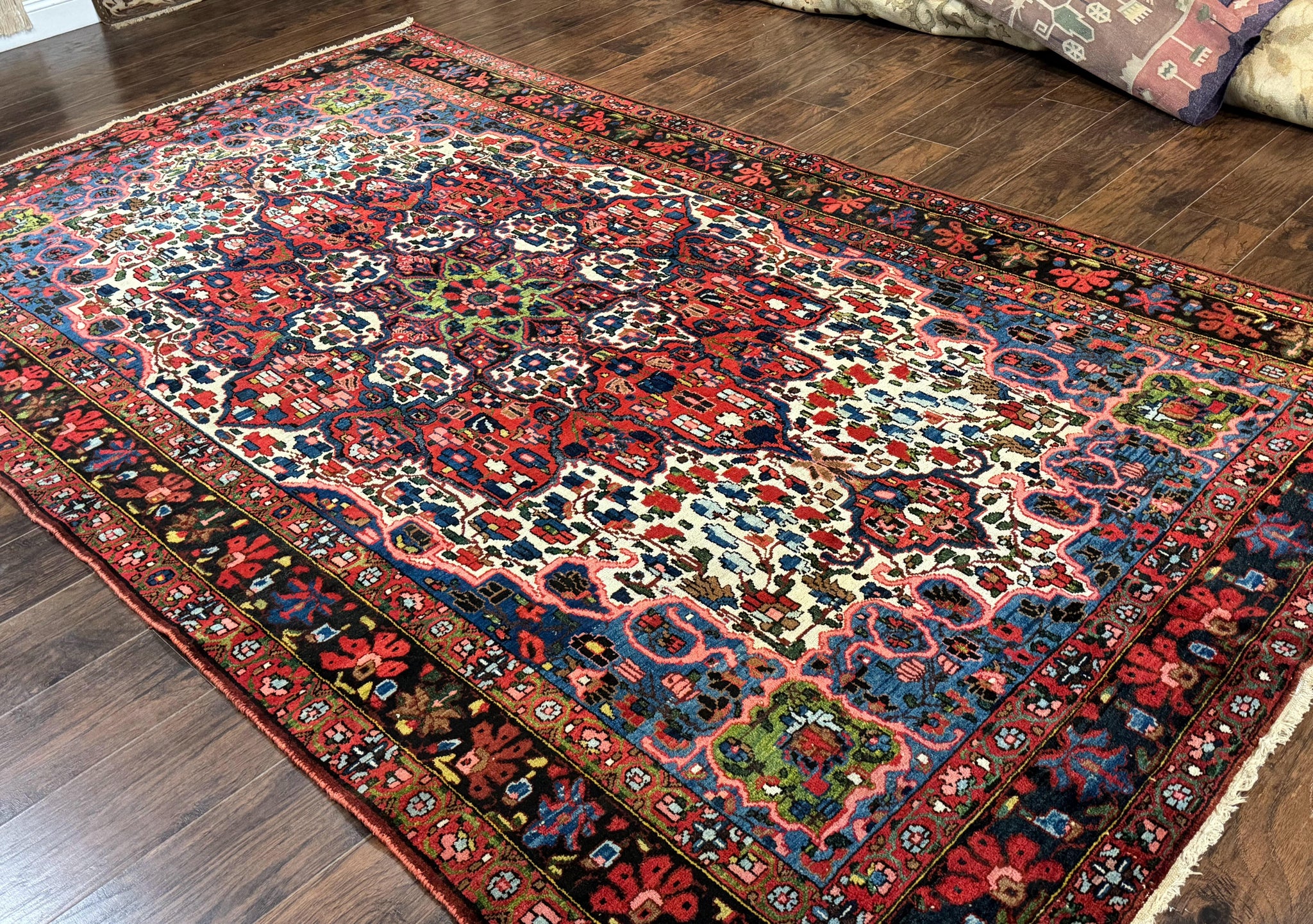 Persian Bakhtiari Rug 7x10, Antique Persian Carpet, Colorful, Great Colors, Ivory Red Blue, Rare Tribal Rug by Jewel Rugs