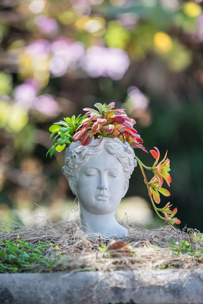 Greek Style Cement Head Planter Indoor Outdoor Home Garden Decor - Gray by HouseOfZazla