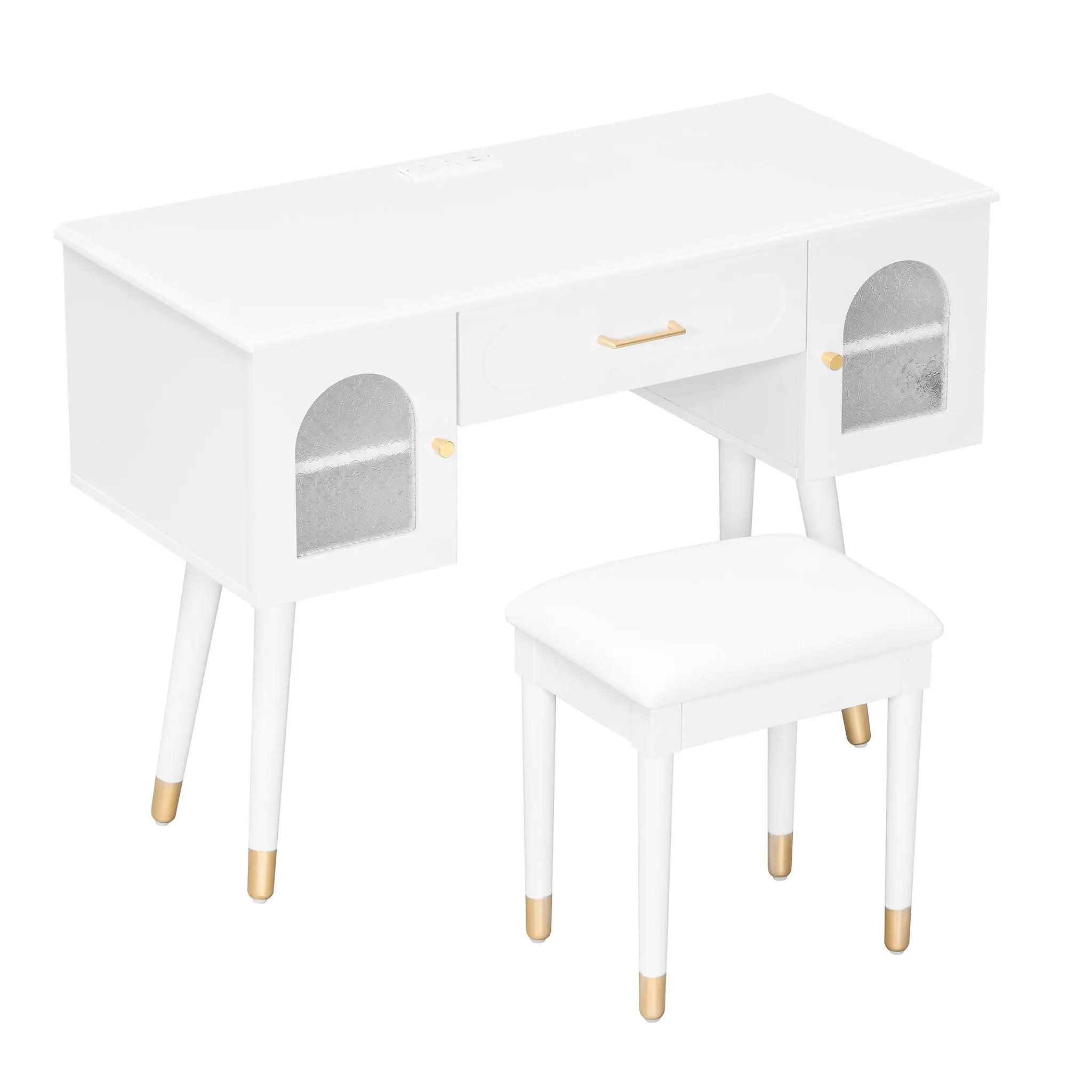 Elegant Vanity Makeup Table & Chair Set Modern Dressing Table With Organizer Writing Desk Charging Port Engineered Wood - White by HouseOfZazla