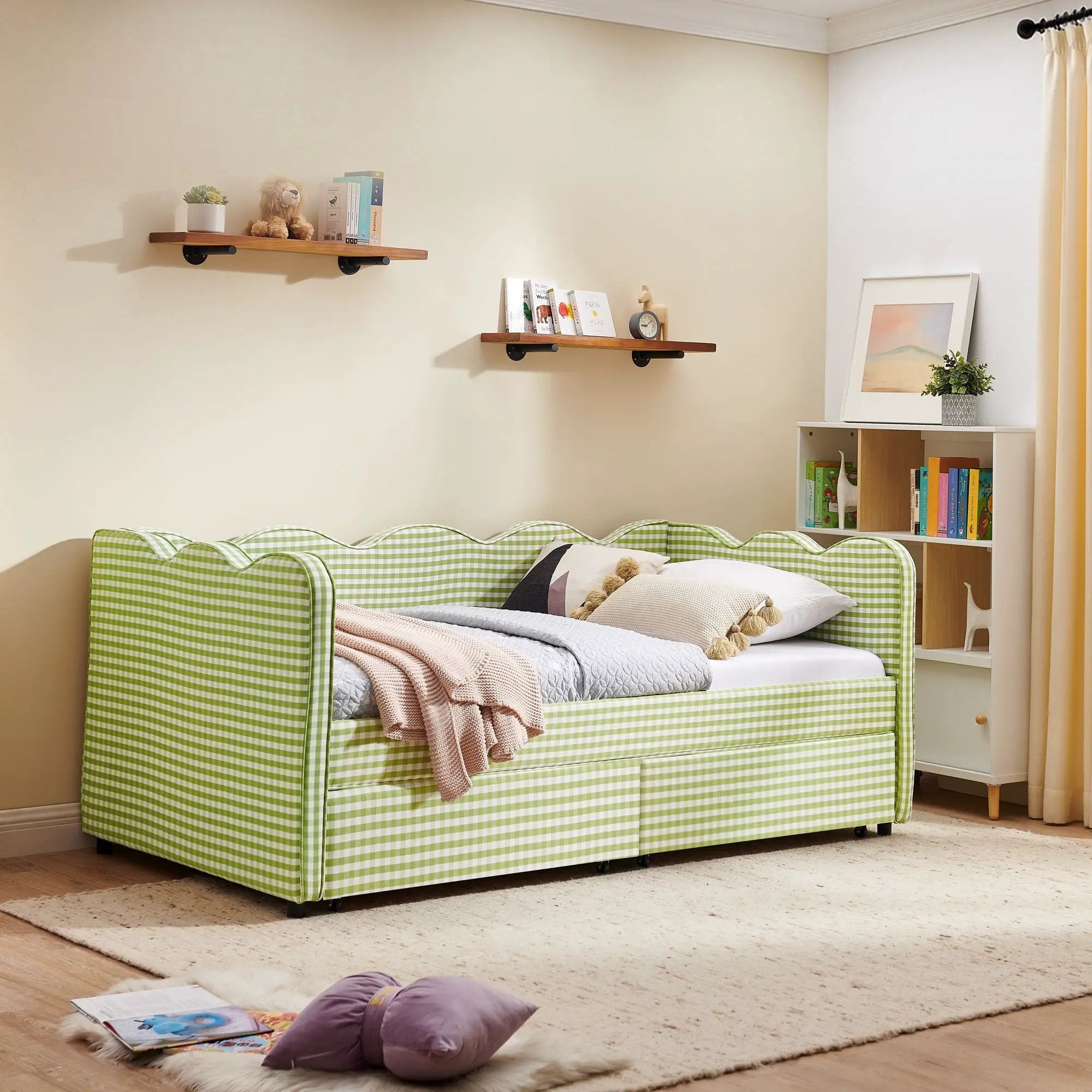 Gingham Daybed With USB Charging Port, Wave-Shaped Design by Unique Piece Furniture