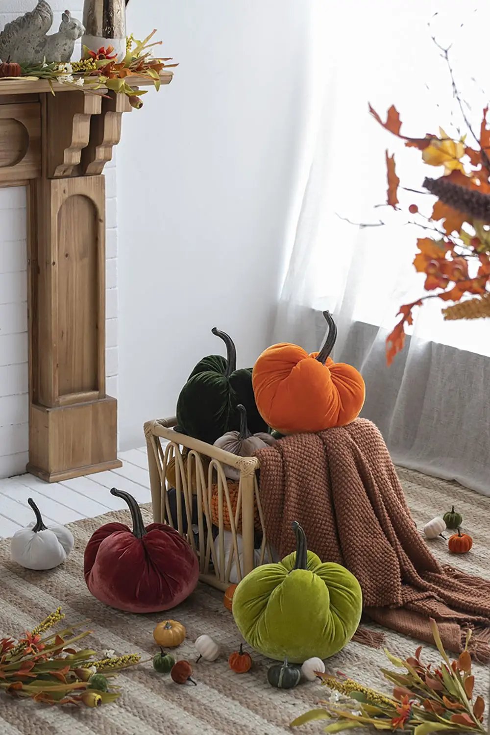 Velvet Weighted Pumpkin With Resin Stem Apple, Pumpkin Ornament Decor For Holiday Harvest Festival Fall Festival & Thanksgiving (Set of 2) - Green by HouseOfZazla