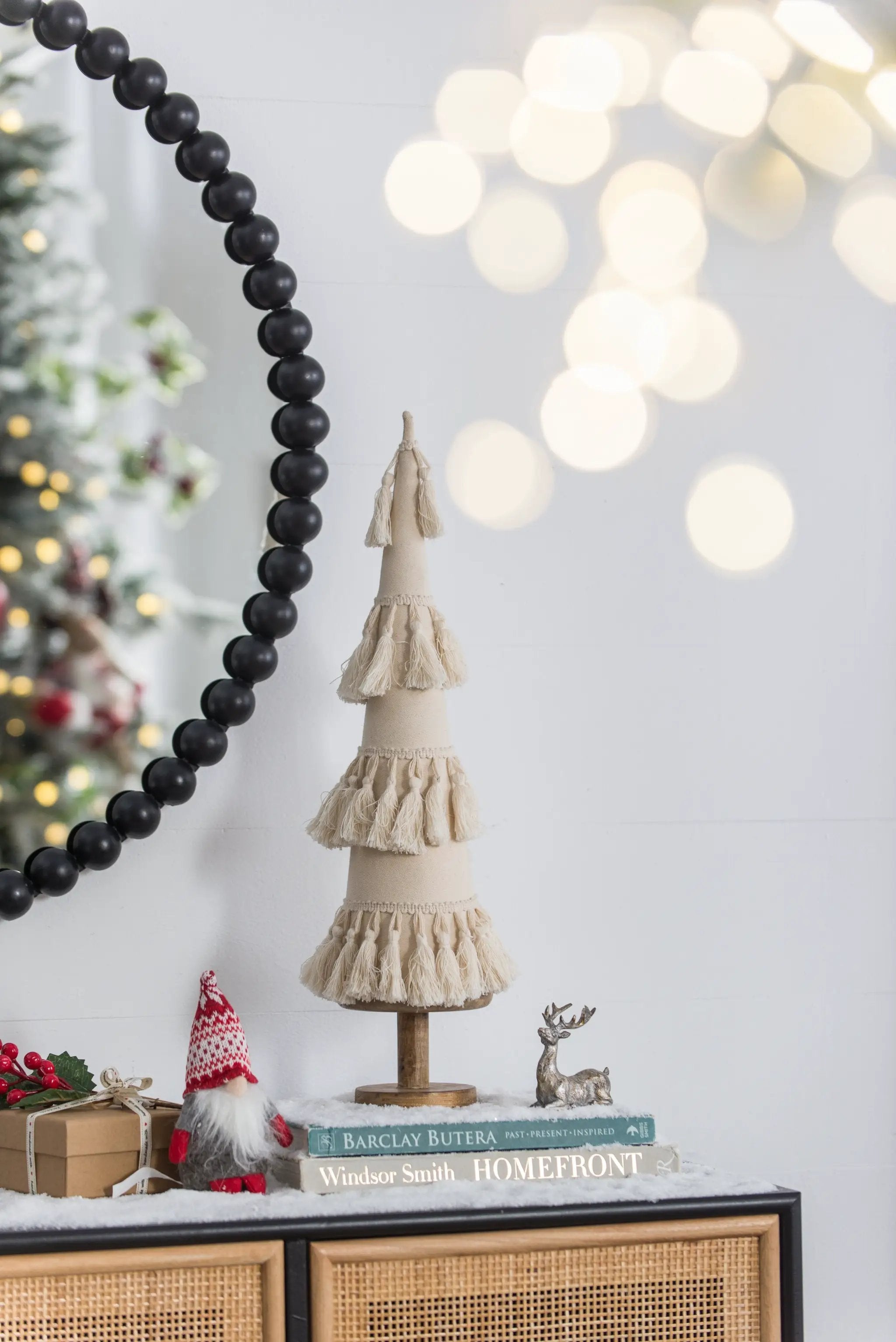 Fringes Embellished Cone With Wooden Base by HouseOfZazla