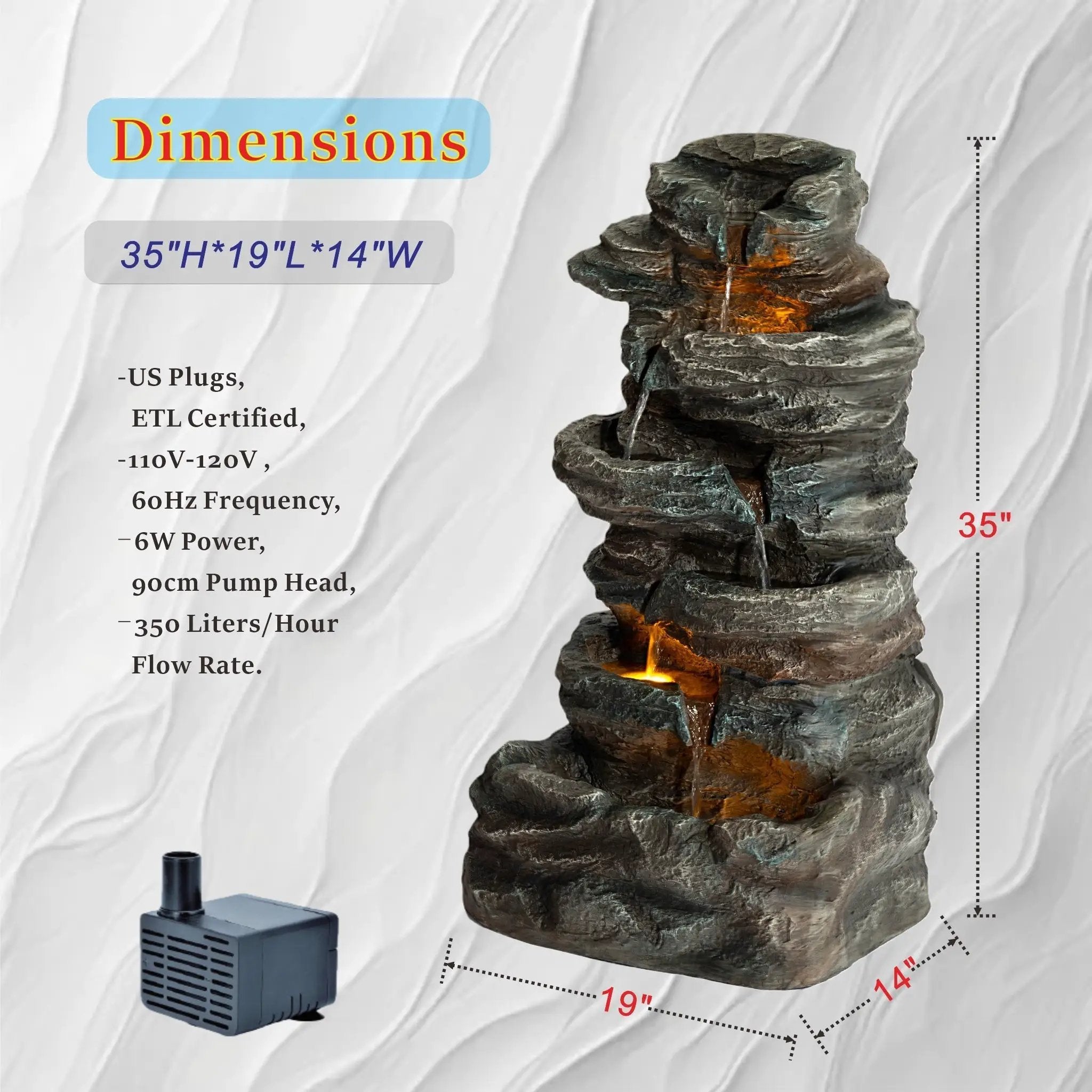 6-Tier Outdoor Cascading Stone Water Fountain with 3 LED Lights by HouseOfZazla