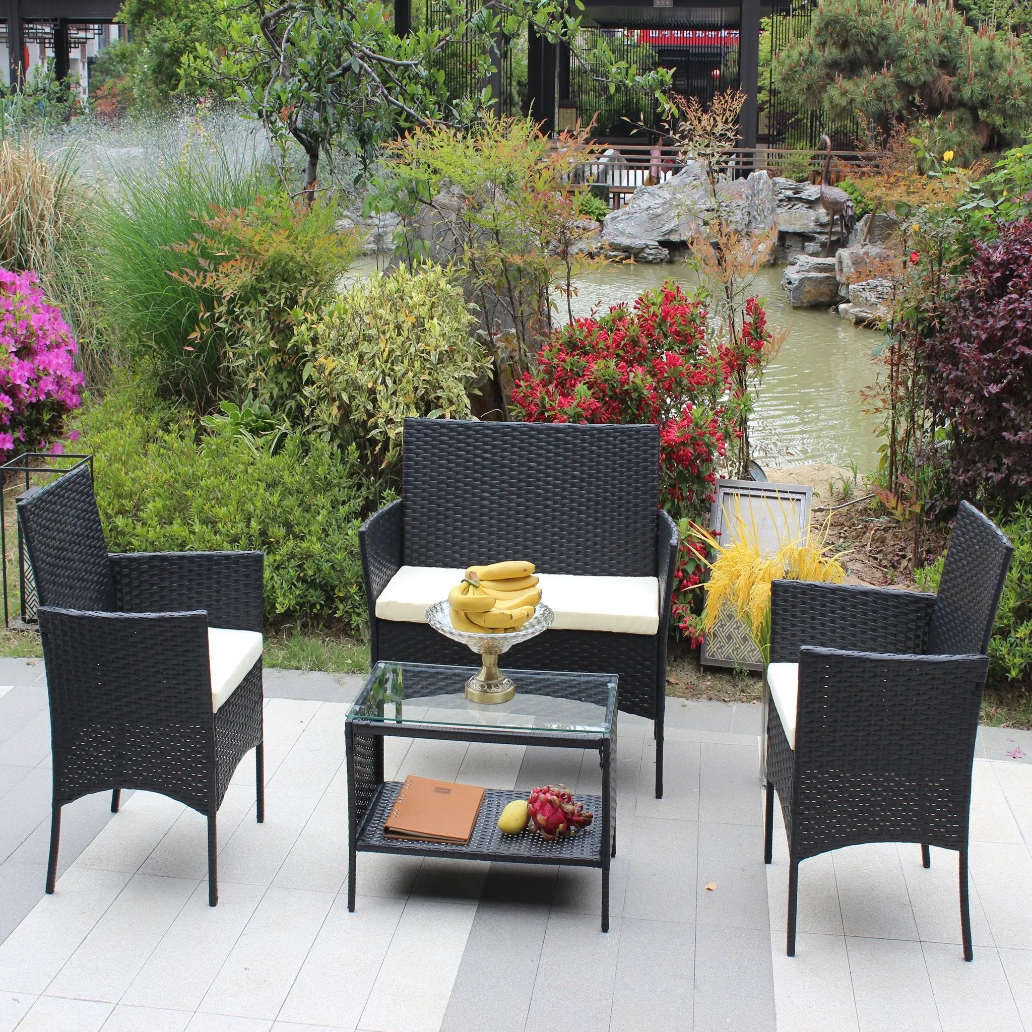 4 PC Rattan Patio Furniture Set Outdoor Cushioned Wicker Sofa by HouseOfZazla