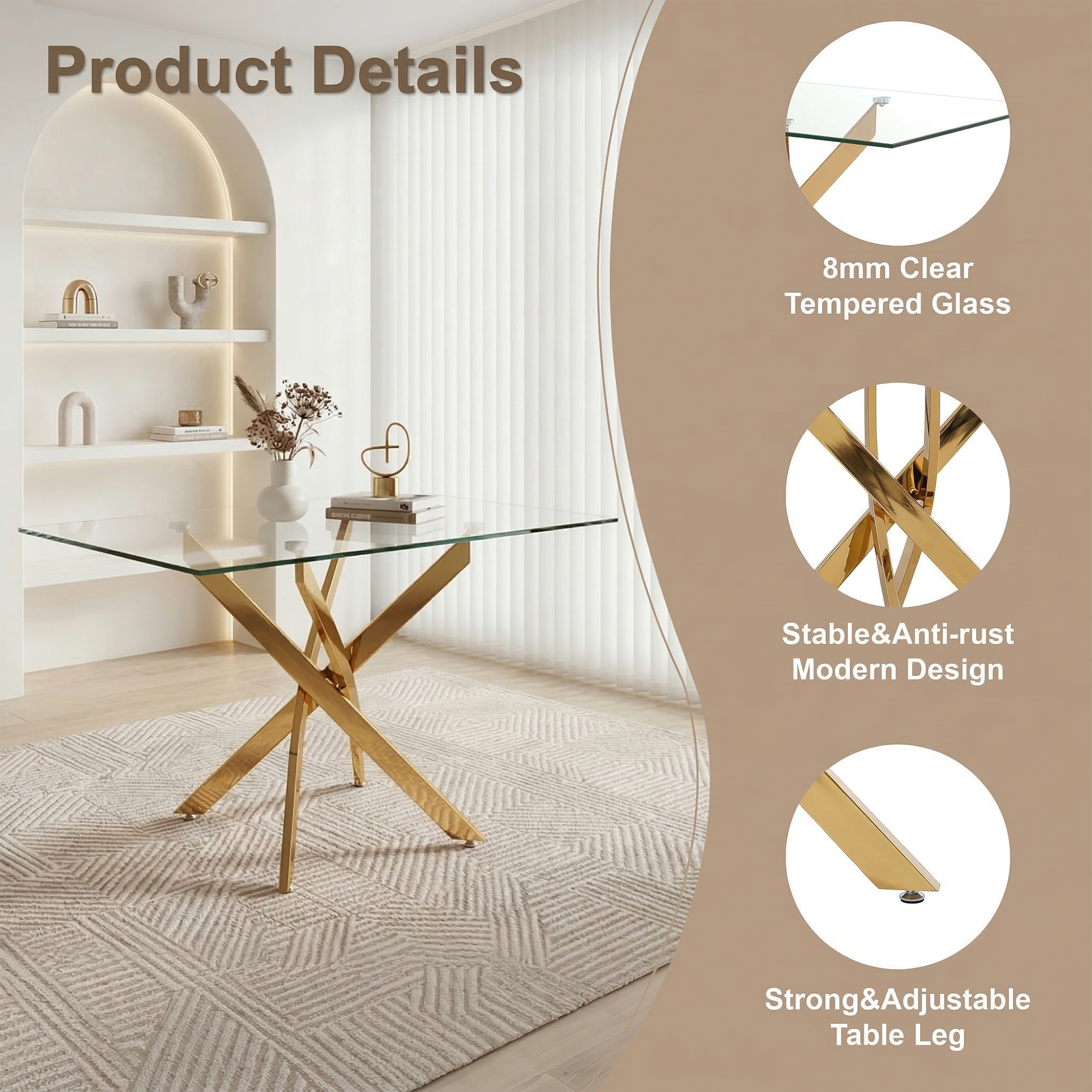 Rectangular Glass Dining Table with Gold-Plated Legs by HouseOfZazla