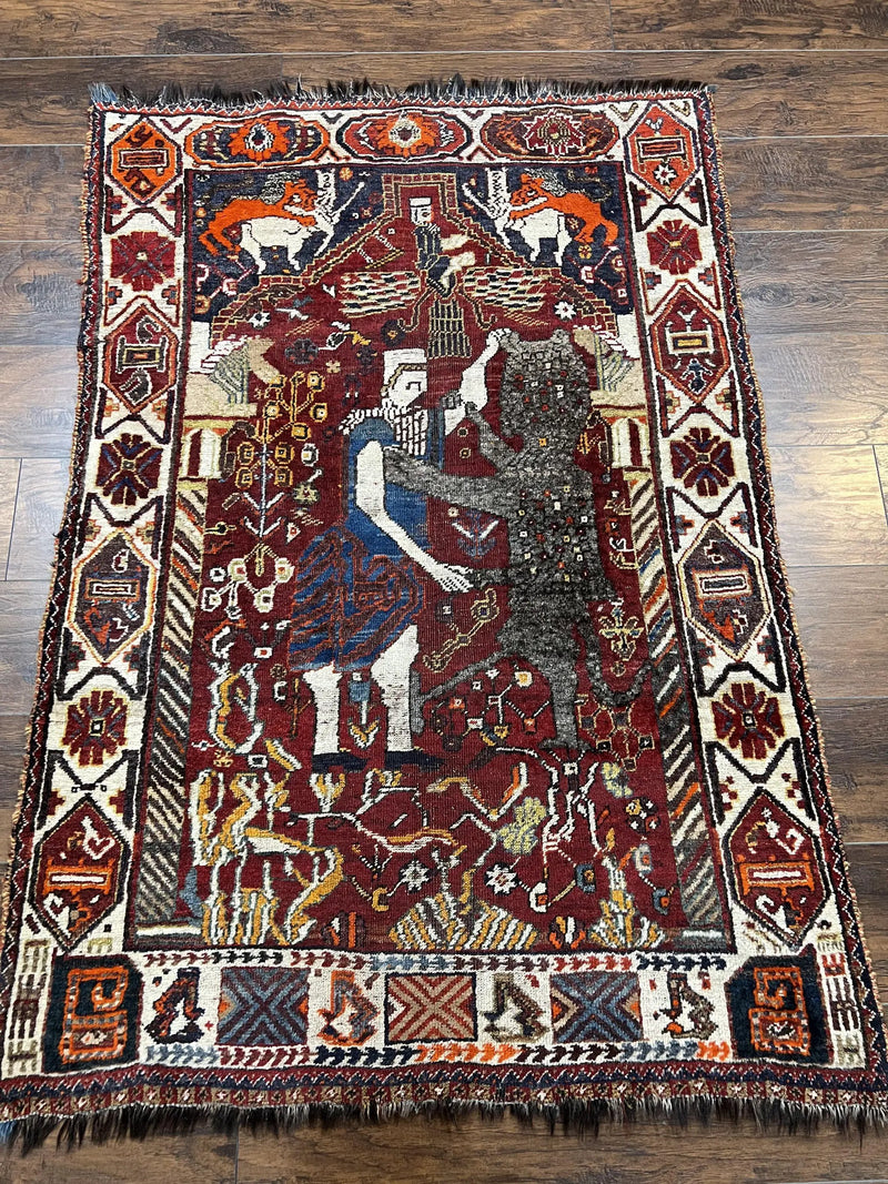 Antique Persian Shiraz Pictorial Rug 3.6 x 5, Persian Tribal Rug, Handmade, Lions, Highly Unique Collectible Small Persian Carpet, Maroon, Wool by Jewel Rugs