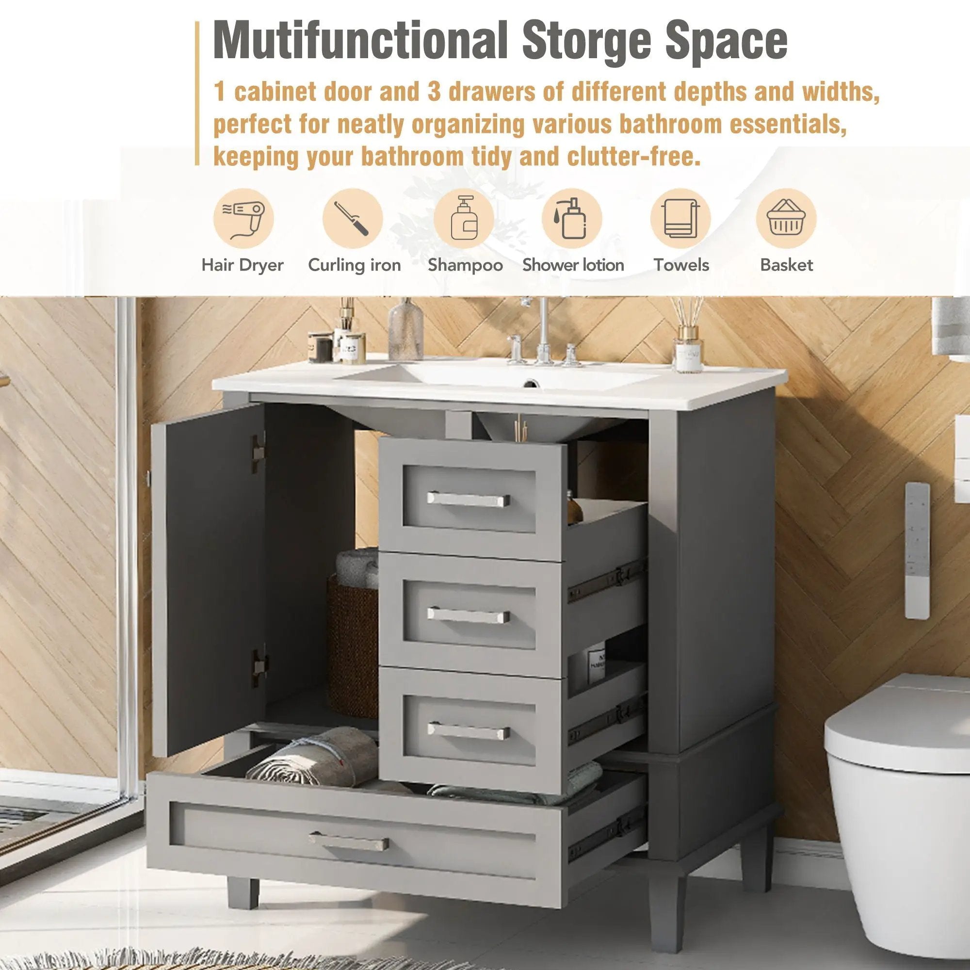Bathroom Vanity, Modern Bathroom Cabinet With Sink Combo Set, Bathroom Storage Cabinet With A Soft Closing Door And 3 Drawers, Solid Wood Frame by HouseOfZazla