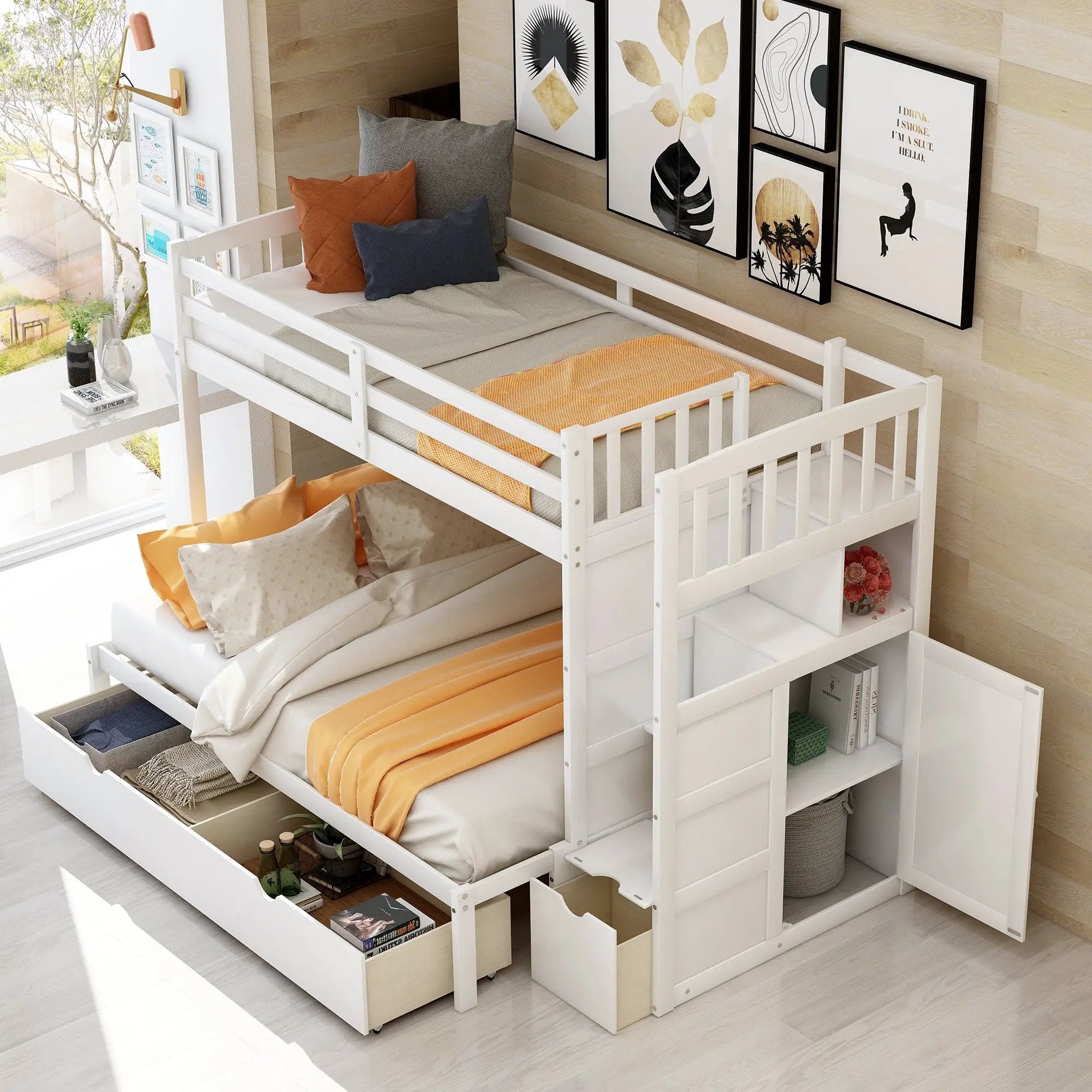 Bunk Bed, Convertible Bottom Bed, Storage Shelves And Drawers by HouseOfZazla