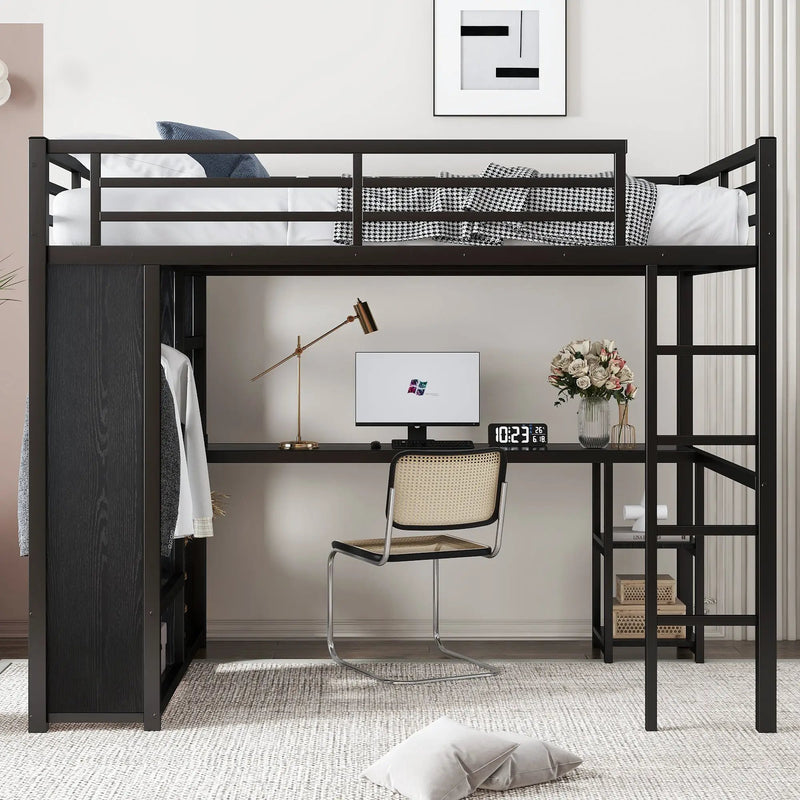 Full Size Loft Bed Frame with Built-in Wardrobe, Metal Loft Bed with Desk and Storage Shelves by HouseOfZazla