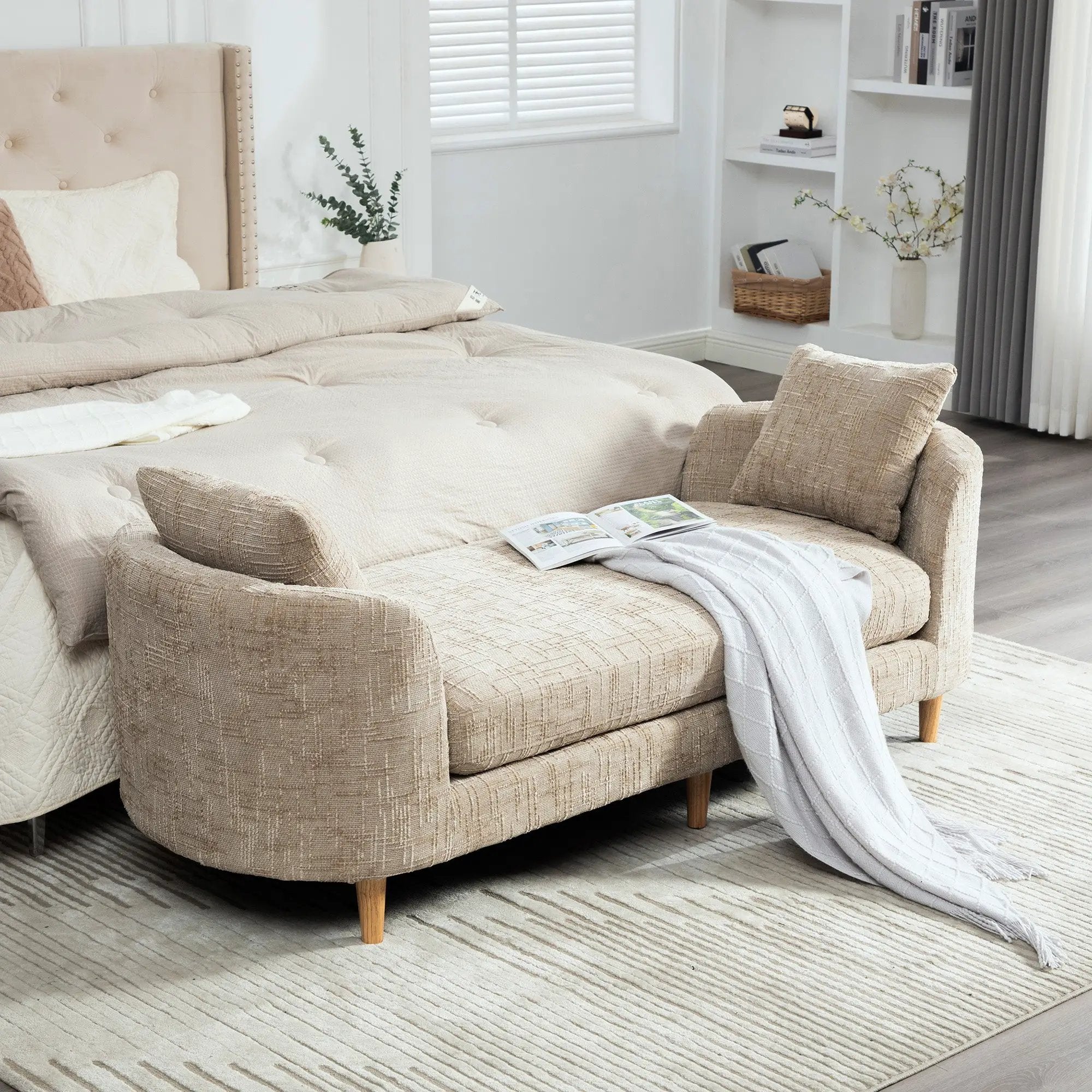 77.17" Wide Modern Upholstered End of Bed Bench with Armrests by HouseOfZazla